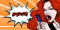 Comic style girl angry at her phone message and swearing, beautiful young redhead woman, pop art, vector illustration