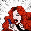 Comic style girl angry at her phone message and swearing, beautiful young redhead woman, pop art, vector illustration Royalty Free Stock Photo