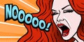 Comic style girl shouting NO, shocked angry expression, face close-up, beautiful young redhead woman, pop art, vector illustration Royalty Free Stock Photo