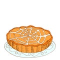 Comic style, hot, freshly baked pumpkin, fruit pie, glaze