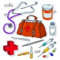 Comic style icons, sticker of medical tools, doctor bag