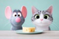 Comic style illustration of a mouse and cat sitting formally at a table, gazing at a piece of cheese, showcasing a Royalty Free Stock Photo