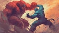 A comic-style illustration of a superhero fighting a monster. Fantasy concept , Illustration painting