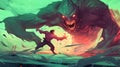 A comic-style illustration of a superhero fighting a monster. Fantasy concept , Illustration painting