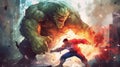 A comic-style illustration of a superhero fighting a monster. Fantasy concept , Illustration painting Royalty Free Stock Photo