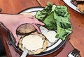 Comic style painting of a healthy burger on a white plate