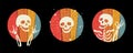 Comic style set of three artworks with skeletons showing different gestures in colorful circles on black background. Royalty Free Stock Photo