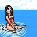 Comic style surfer girl looking at sky. Sea sport. Royalty Free Stock Photo