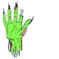 Comic style, torn off, cartoon zombie hand, palm green, with lon