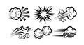 Comic style vector set of dynamic explosion clouds and racing dash effects in black and white Royalty Free Stock Photo