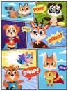 Comic super animals. Comics storyboard with funny costumed masked beasts superheroes and speech bubbles. Kids heroes Royalty Free Stock Photo