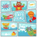 Comic super animals. Superheroes animal kids in book page with speech bubbles, cute and fun vintage cartoon vector Royalty Free Stock Photo