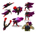 Comic superhero actions in different poses. Male super hero vector cartoon characters. Royalty Free Stock Photo