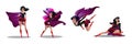 Comic superwoman actions in different poses. Female superhero vector cartoon characters. Illustration of superhero woman cartoon