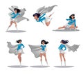 Comic superwoman actions in different poses. Female superhero vector cartoon characters. Illustration of superhero woman cartoon