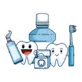 Comic teeth couple with oral hygiene equipment