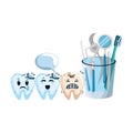 Comic teeth with dentist equipment characters