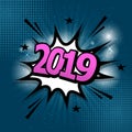 2019 comic text speech bubble on blue background