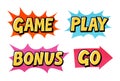 Comic text vector icons. Lettering such as Game, Play, Go, Bonus Royalty Free Stock Photo