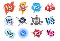 Comic versus logos. VS pop art retro game concept, cartoon fight bubble template, boxing competition. Vector versus