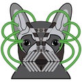 Comic Villain symbol in dark gray costume, with metal mask green pipes as a French bulldog character