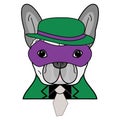 Comic Villain symbol in green suite with gray tie, purple mask and green and purple hat as a French bulldog character