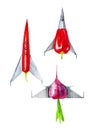 Comic watercolor illustration of fighter planes in the form of vegetables,chili,radish and red pepper. Isolated on white Royalty Free Stock Photo