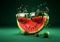 Comic watermelon slice in sunglasses on a green background