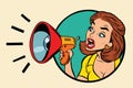 Comic woman agitator shouts into a megaphone Royalty Free Stock Photo