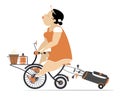 Comic woman on the bicycle on the way to golf course