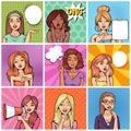 Comic woman vector popart cartoon girl character speaking bubble speech or comicgirl illustration female set of