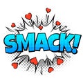 Comic word smack. Vintage cartoon pop vintage speech bubble with halftone dotted shadow and hearts. Sound effect in blue