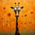 Comical Caricature: A Playful Painting Of An Orange Giraffe In A Field