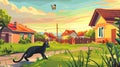 A comical cartoon black kitten tries to catch a flying insect on his home terrace with a sunset view of a suburban