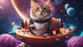 A comical cat astronaut with a playful smirk, riding on a rocket shaped scratching post,