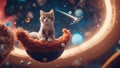 A comical cat astronaut with a playful smirk, riding on a rocket shaped scratching post, orbiting