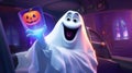 A comical ghost taking a selfie with a humorous expression, combining modern technology with a classic Halloween character.