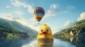 A comical hot air balloon in the shape of a giant rubber ducky,