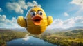 A comical hot air balloon in the shape of a giant rubber ducky,