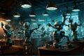 Animated robotic arms with personalities engaged in a synchronized dance. AI Generated