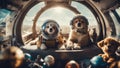 A comical image of a puppy and kitten fast asleep inside a spaceship cockpit, floating in zero gravity