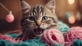 comical kitten with a look of mock despair, hilariously entangled in a giant ball of yarn,