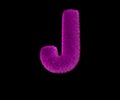 Comical luxurious purple hairy alphabet isolated on black - letter J, luxurious concept 3D illustration of symbols