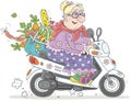 Funny granny with groceries driving a motor scooter