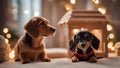 A comical scene where a baby puppy and a dachshund are snoozing in a dollhouse,