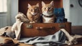 A comical scene where a cat and kitten are playing in an open suitcase, with clothes and travel items Royalty Free Stock Photo