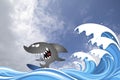 Comical shark surfer