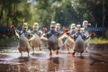 In a comical twist, a squad of dapper ducks engage in an epic dance battle, feathers flapping and beaks quacking illustration