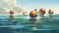 A comical water ball race with floating spheres competing in a lighthearted, aquatic competition