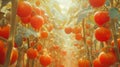 A comically oversized tomato garden with plants like natural skyscrapers, each branch heavy with red tomatoes.